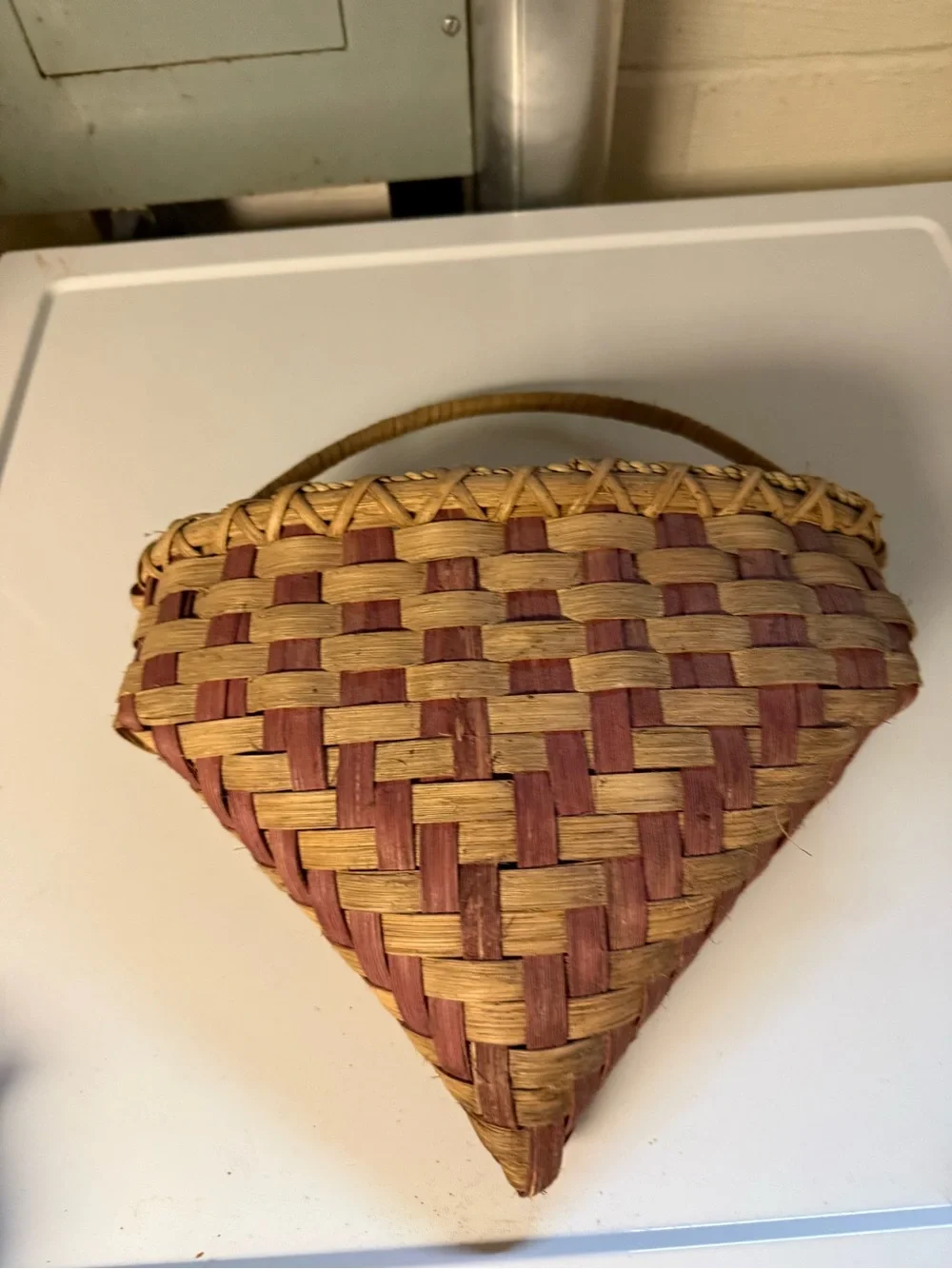 Vintage Hand Crafted Triangular Woven Wall Basket with Burgundy Accents Country